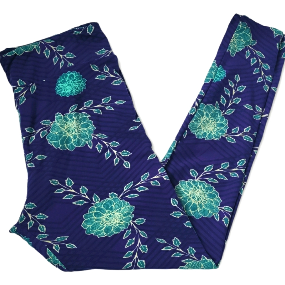 LuLaRoe - Dark Blue & Teal Floral Leggings - Size Tall & Curvy (XL)